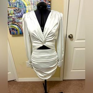 White long sleeve V-neck form fitting dress